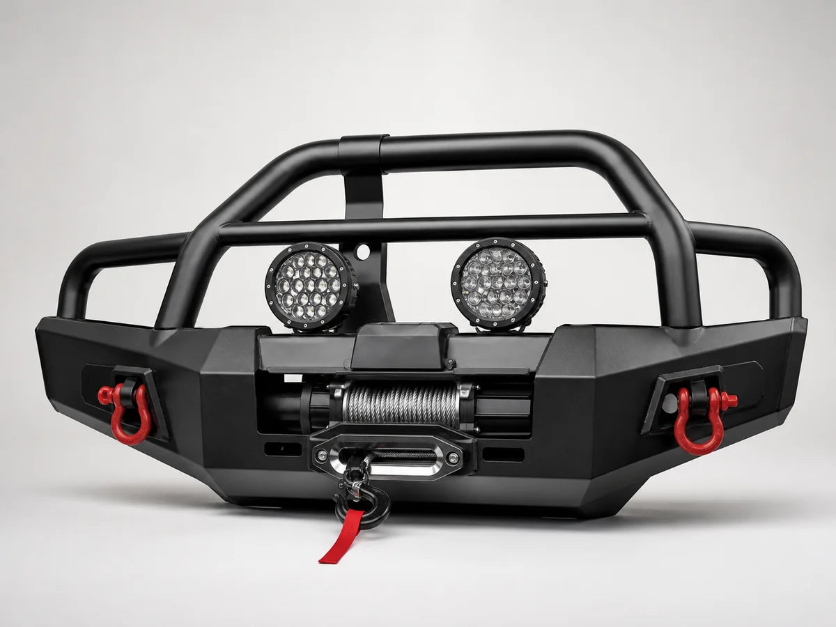 Bull bar, winch, driving lights and recovery points shown as a Road Rex 4x4 protection package