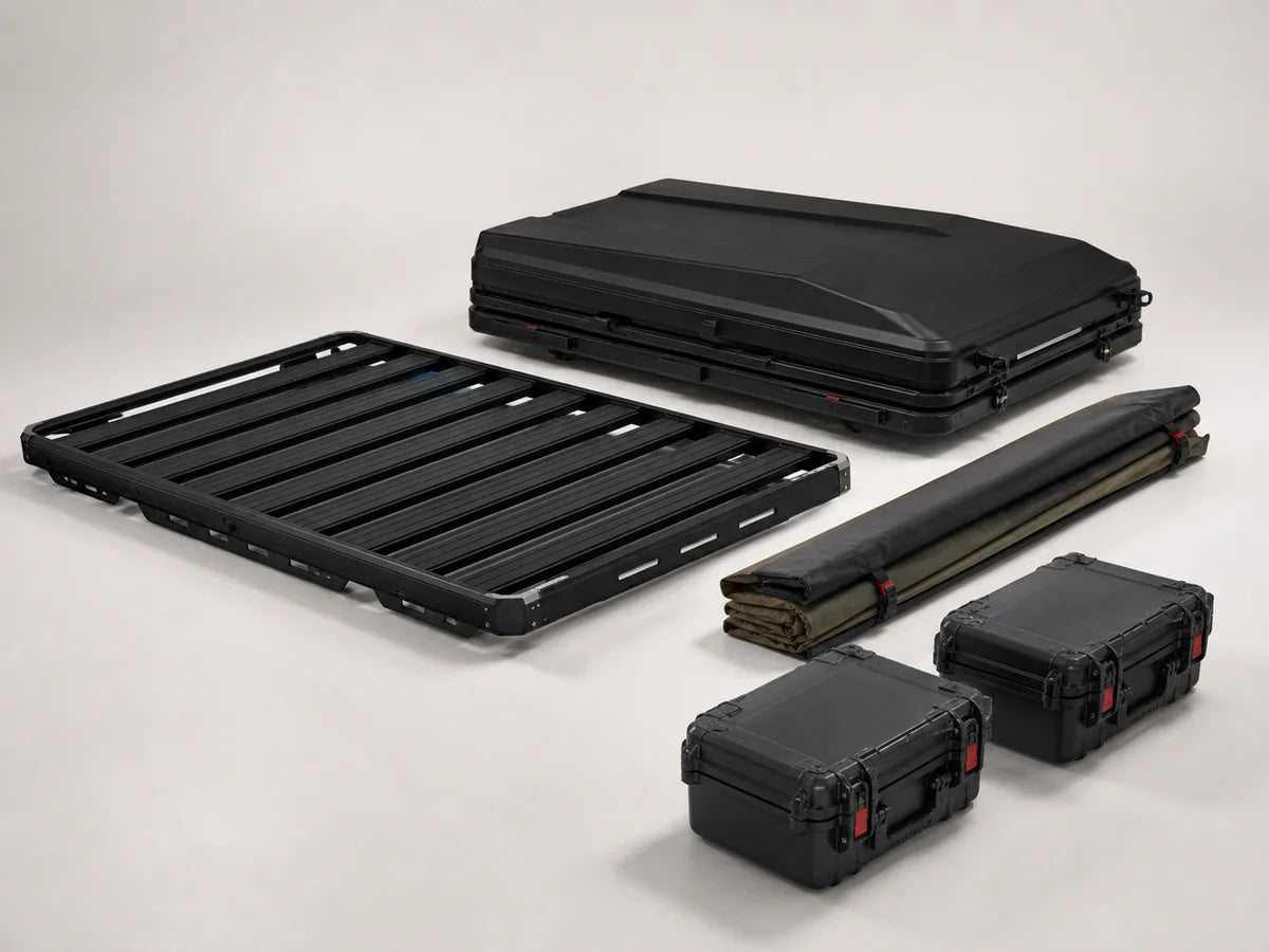 Roof platform, awning, rooftop tent and storage cases shown as a Road Rex 4x4 touring package