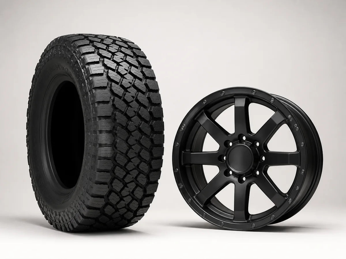 All-terrain tyre and matte black alloy wheel shown together as a Road Rex 4x4 package